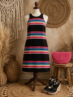 Trina Turk Sleeveless Black Striped Dress with Multi-Color Bands 10